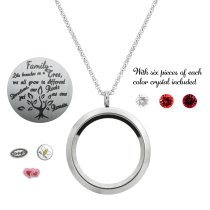 1x Stainless Steel Family Tree Love Heart Strength Round Floating Locket Crystals Charm Round Chain Necklace Pendant 30mm