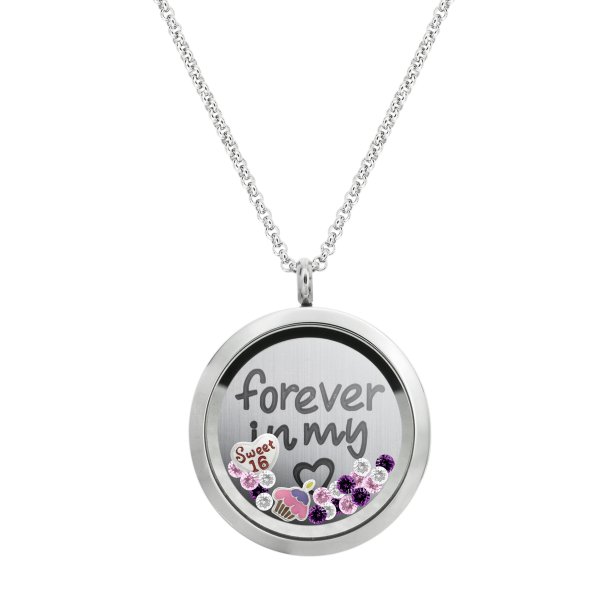1x Stainless Steel Love Forever Sweet 16 Round Floating Locket Crystals Charm Chain Necklace Pendant 30mm