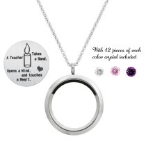 1x Stainless Steel Teacher Round Floating Locket Crystals Chain Necklace Pendant 30mm