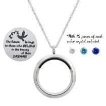 1x Stainless Steel Dream and Believe Round Floating Crystal Chain Necklace Pendant 30mm