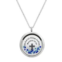 1x Stainless Steel God Christ Cross ″Matthew 19:26″ Round Floating Locket Crystal Chain Necklace Pendant 30mm