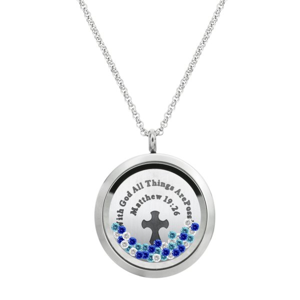 1x Stainless Steel God Christ Cross "Matthew 19:26" Round Floating Locket Crystal Chain Necklace Pendant 30mm
