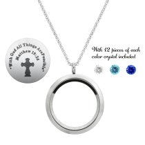1x Stainless Steel God Christ Cross "Matthew 19:26" Round Floating Locket Crystal Chain Necklace Pendant 30mm