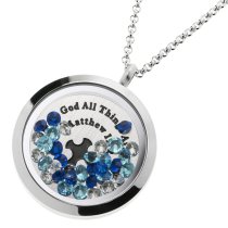1x Stainless Steel God Christ Cross "Matthew 19:26" Round Floating Locket Crystal Chain Necklace Pendant 30mm