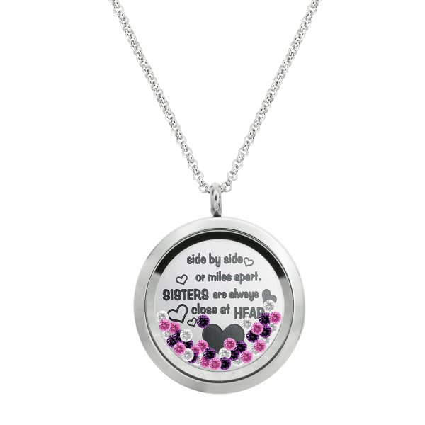 1x Stainless Steel Family Sisiter Love Round Floating Locket Crystal Chain Necklace Pendant 30mm