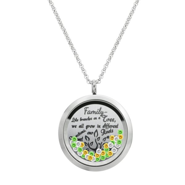 1x Stainless Steel Family Tree Round Floating Locket Crystal Chain Necklace Pendant 30mm