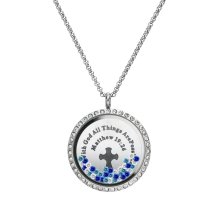 1x Stainless Steel God Christ Cross ″Matthew 19:26″ Round Floating Locket Crystal Chain Necklace Pendant 30mm