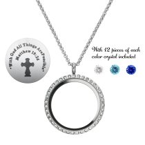 1x Stainless Steel God Christ Cross "Matthew 19:26" Round Floating Locket Crystal Chain Necklace Pendant 30mm