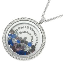 1x Stainless Steel God Christ Cross "Matthew 19:26" Round Floating Locket Crystal Chain Necklace Pendant 30mm