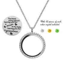 1x Stainless Steel Mother Lover Family Round Floating Locket Crystals Chain Necklace Pendant 30mm