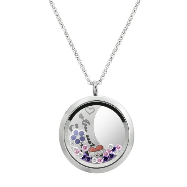 1x Stainless Steel "I Love You to the Moon and Back" Sister Flower Round Floating Locket Crystal Charm Round Chain Necklace Pendant 30mm