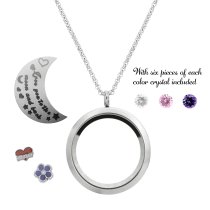 1x Stainless Steel "I Love You to the Moon and Back" Sister Flower Round Floating Locket Crystal Charm Round Chain Necklace Pendant 30mm