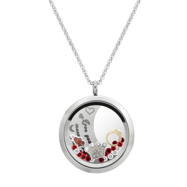 1x Stainless Steel "I Love You to the Moon and Back" Crow Wedding Ring Round Floating Locket Crystal Charm Round Chain Necklace Pendant 30mm