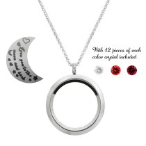 1x Stainless Steel "I Love You to the Moon and Back" Crow Wedding Ring Round Floating Locket Crystal Charm Round Chain Necklace Pendant 30mm