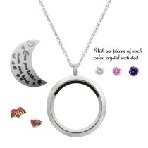 1x Stainless Steel "I Love You to the Moon and Back" Aunt Niece Family Round Floating Locket Crystal Charm Round Chain Necklace Pendant 30mm