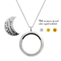 1x Stainless Steel "I Love You to the Moon and Back" Grandma Family Round Floating Locket Crystal Charm Round Chain Necklace Pendant 30mm