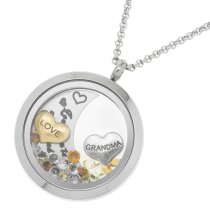 1x Stainless Steel "I Love You to the Moon and Back" Grandma Family Round Floating Locket Crystal Charm Round Chain Necklace Pendant 30mm