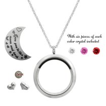 1x Stainless Steel "I Love You to the Moon and Back" Wife Husband Marriage Round Floating Locket Crystal Charm Round Chain Necklace Pendant 30mm