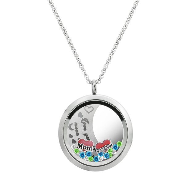 1x Stainless Steel "I Love You to the Moon and Back" Mom Daughter Family Round Floating Locket Crystal Charm Round Chain Necklace Pendant 30mm