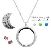 1x Stainless Steel "I Love You to the Moon and Back" Mom Daughter Family Round Floating Locket Crystal Charm Round Chain Necklace Pendant 30mm