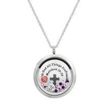 1x Stainless Steel God Love ″Matthew 19:26″ Round Floating Locket Crystals Charm Chain Necklace Pendant 30mm