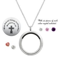 1x Stainless Steel God Love "Matthew 19:26" Round Floating Locket Crystals Charm Chain Necklace Pendant 30mm