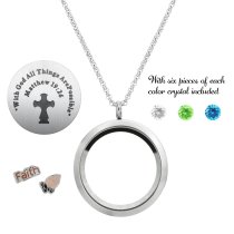 1x Stainless Steel God Faith Prayer "Matthew 19:26" Round Floating Locket Crystals Charm Chain Necklace Pendant 30mm