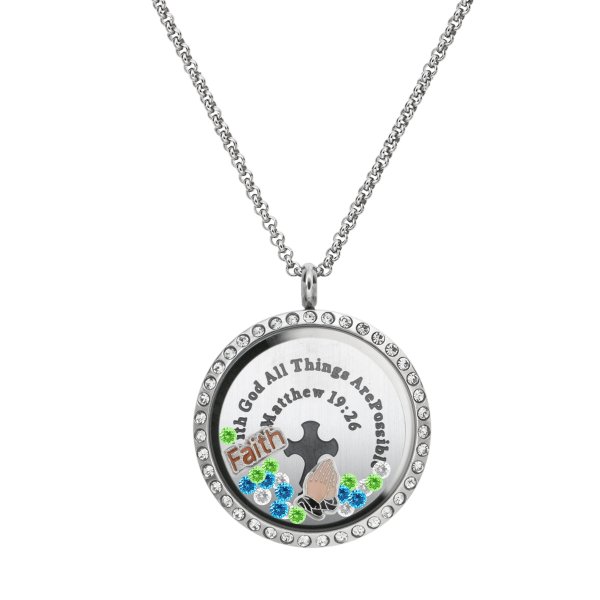 1x Stainless Steel God Faith Prayer "Matthew 19:26" Round Floating Locket Crystals Charm Chain Necklace Pendant 30mm