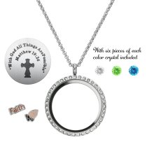 1x Stainless Steel God Faith Prayer "Matthew 19:26" Round Floating Locket Crystals Charm Chain Necklace Pendant 30mm