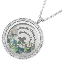 1x Stainless Steel God Faith Prayer "Matthew 19:26" Round Floating Locket Crystals Charm Chain Necklace Pendant 30mm