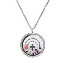 1x Stainless Steel God Love ″Matthew 19:26″ Round Floating Locket Crystals Charm Chain Necklace Pendant 30mm