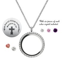 1x Stainless Steel God Love "Matthew 19:26" Round Floating Locket Crystals Charm Chain Necklace Pendant 30mm