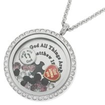 1x Stainless Steel God Love "Matthew 19:26" Round Floating Locket Crystals Charm Chain Necklace Pendant 30mm