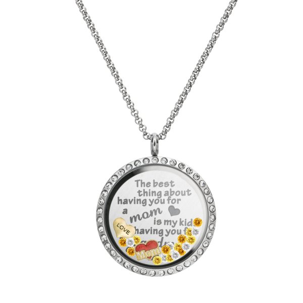 1x Stainless Steel Love Mother Family Round Floating Locket Crystals Charm Chain Necklace Pendant 30mm