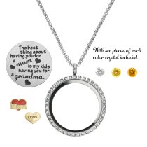 1x Stainless Steel Love Mother Family Round Floating Locket Crystals Charm Chain Necklace Pendant 30mm