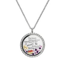 1x Stainless Steel Love Mother Family Round Floating Locket Crystals Charm Chain Necklace Pendant 30mm