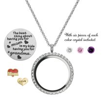 1x Stainless Steel Love Mother Family Round Floating Locket Crystals Charm Chain Necklace Pendant 30mm