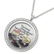 1x Stainless Steel Love Mother Family Round Floating Locket Crystals Charm Chain Necklace Pendant 30mm