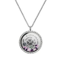 1x Stainless Steel Friend Friendship Four Leaf Clover Round Floating Locket Crystals Charm Round Chain Necklace Pendant 30mm