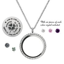 1x Stainless Steel Friend Friendship Four Leaf Clover Round Floating Locket Crystals Charm Round Chain Necklace Pendant 30mm
