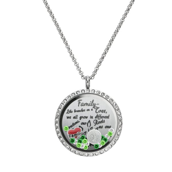 1x Stainless Steel Family Tree Love Heart Round Floating Locket Crystals Charm Chain Necklace Pendant 30mm