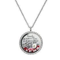 1x Stainless Steel Family Tree Love Heart Strength Round Floating Locket Crystals Charm Round Chain Necklace Pendant 30mm