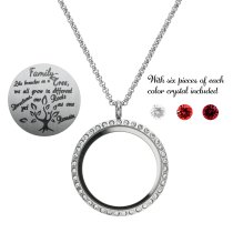 1x Stainless Steel Family Tree Love Heart Strength Round Floating Locket Crystals Charm Round Chain Necklace Pendant 30mm