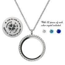 1x Stainless Steel Friend Friendship Four Leaf Clover Round Floating Locket Crystal Chain Necklace Pendant 30mm
