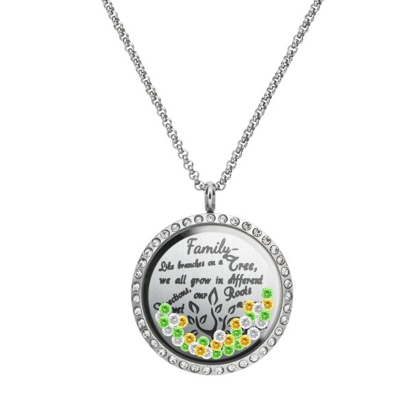 1x Stainless Steel Family Tree Round Floating Locket Crystal Chain Necklace Pendant 30mm