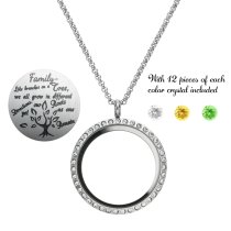 1x Stainless Steel Family Tree Round Floating Locket Crystal Chain Necklace Pendant 30mm