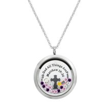 1x Stainless Steel ″With God All Things Are Possible″ Matthew Expect Miracles Star Rainbow Round Floating Locket Crystals Charm Chain Necklace Pendant 30mm