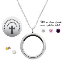 1x Stainless Steel "With God All Things Are Possible" Matthew Expect Miracles Star Rainbow Round Floating Locket Crystals Charm Chain Necklace Pendant 30mm