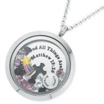1x Stainless Steel "With God All Things Are Possible" Matthew Expect Miracles Star Rainbow Round Floating Locket Crystals Charm Chain Necklace Pendant 30mm