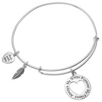 925 Sterling Silver ″Always My Sister Forever My Friend″ Love Heart Feather Dangle Charm Adjustable Wire Bangle Bracelet